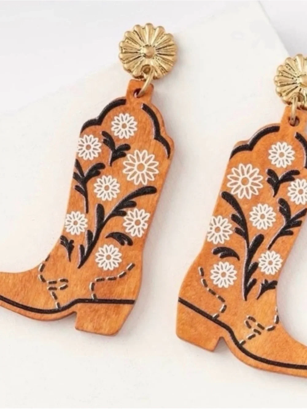 Plunder Orange Floral Cowboy Boot Drop Earrings NEW